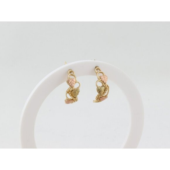 10k Yellow Gold Black Hills Gold Leaf Hoop Earrings 7/8" x 3/8" - Picture 8 of 10